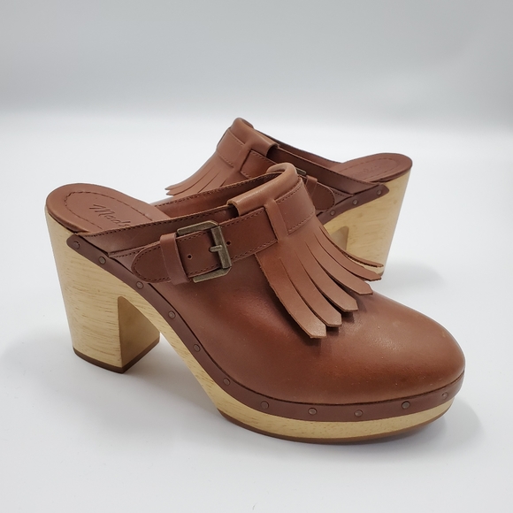 Madewell Shoes - Madewell Camel Fringe Clog Mule Wood Stacked Heels